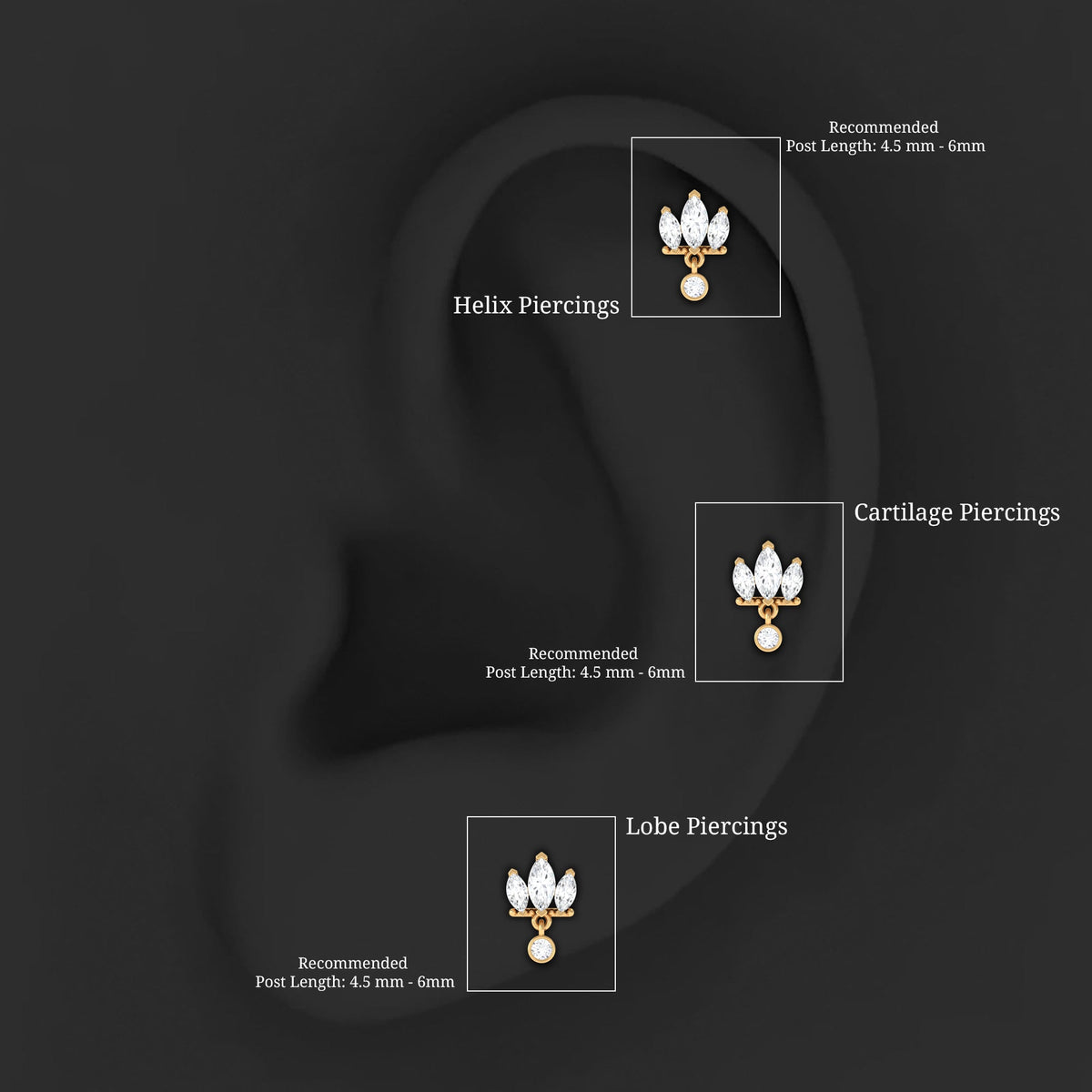 Marquise Moissanite Stud Drop Earring for Helix Piercing