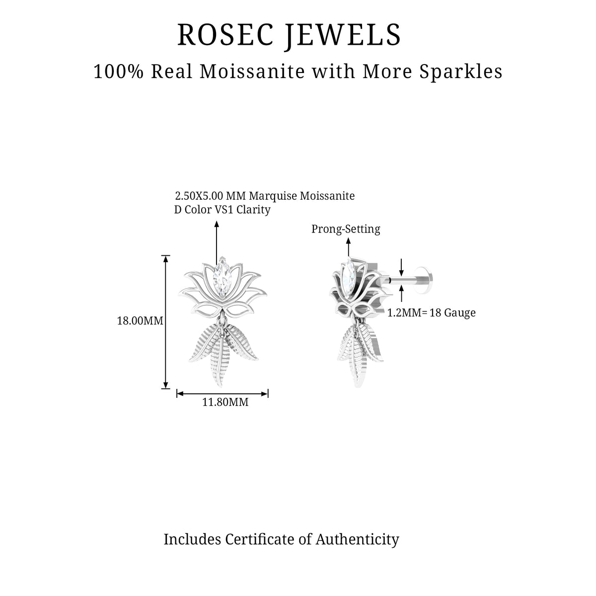 Marquise Moissanite Lotus Drop Earring for Cartilage Piercing