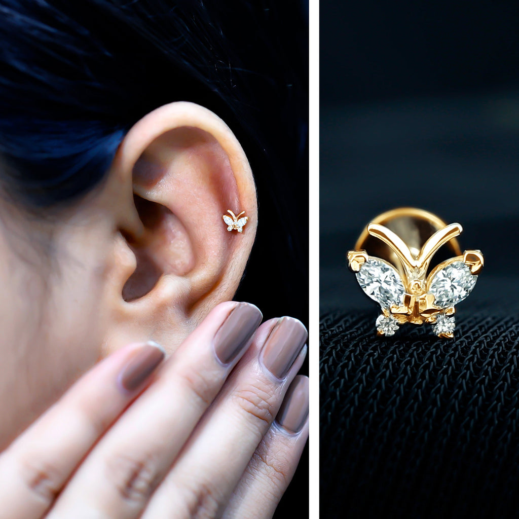 Natural Diamond Butterfly Earring for Helix Piercing