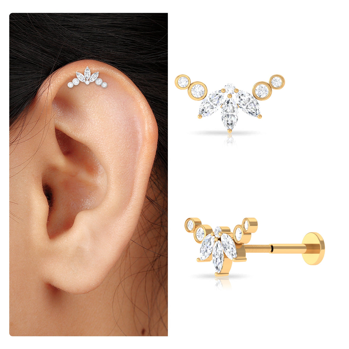 Marquise Moissanite Curved Crawler Earring for Helix Piercing
