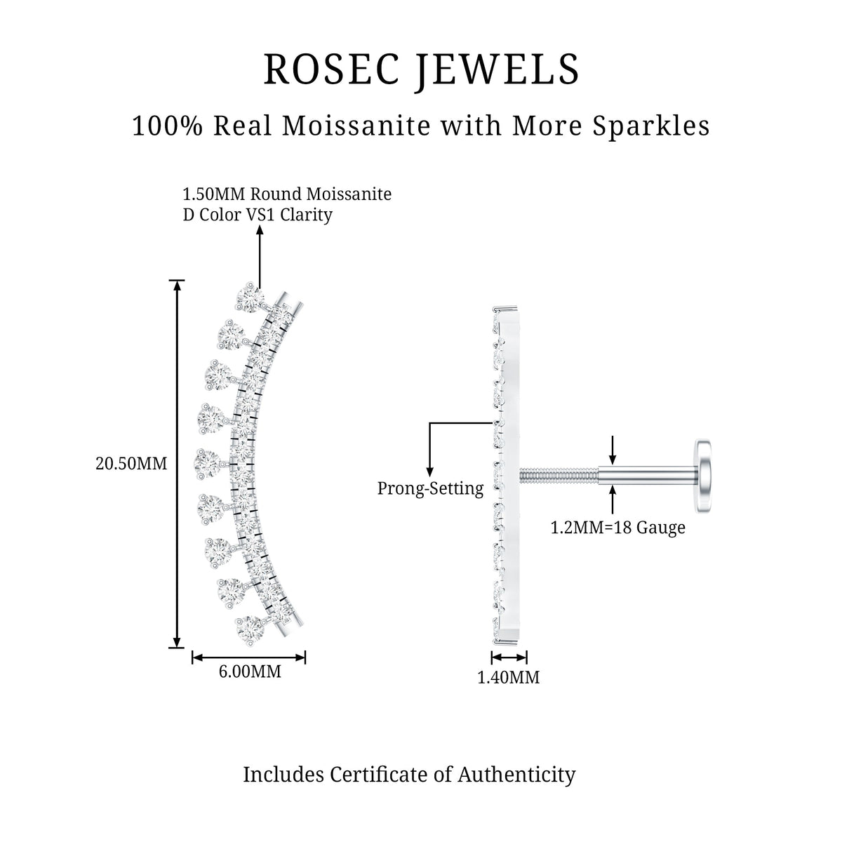 Certified Moissanite Curved Crawler Earring
