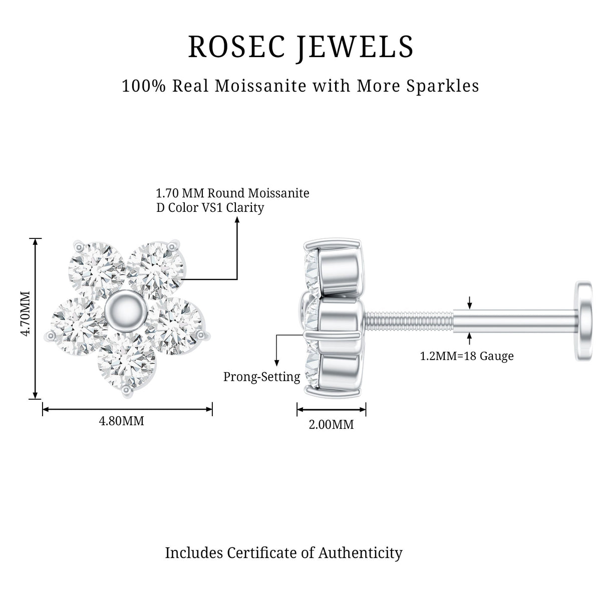 Certified Round Moissanite Flower Earring for Conch Piercing