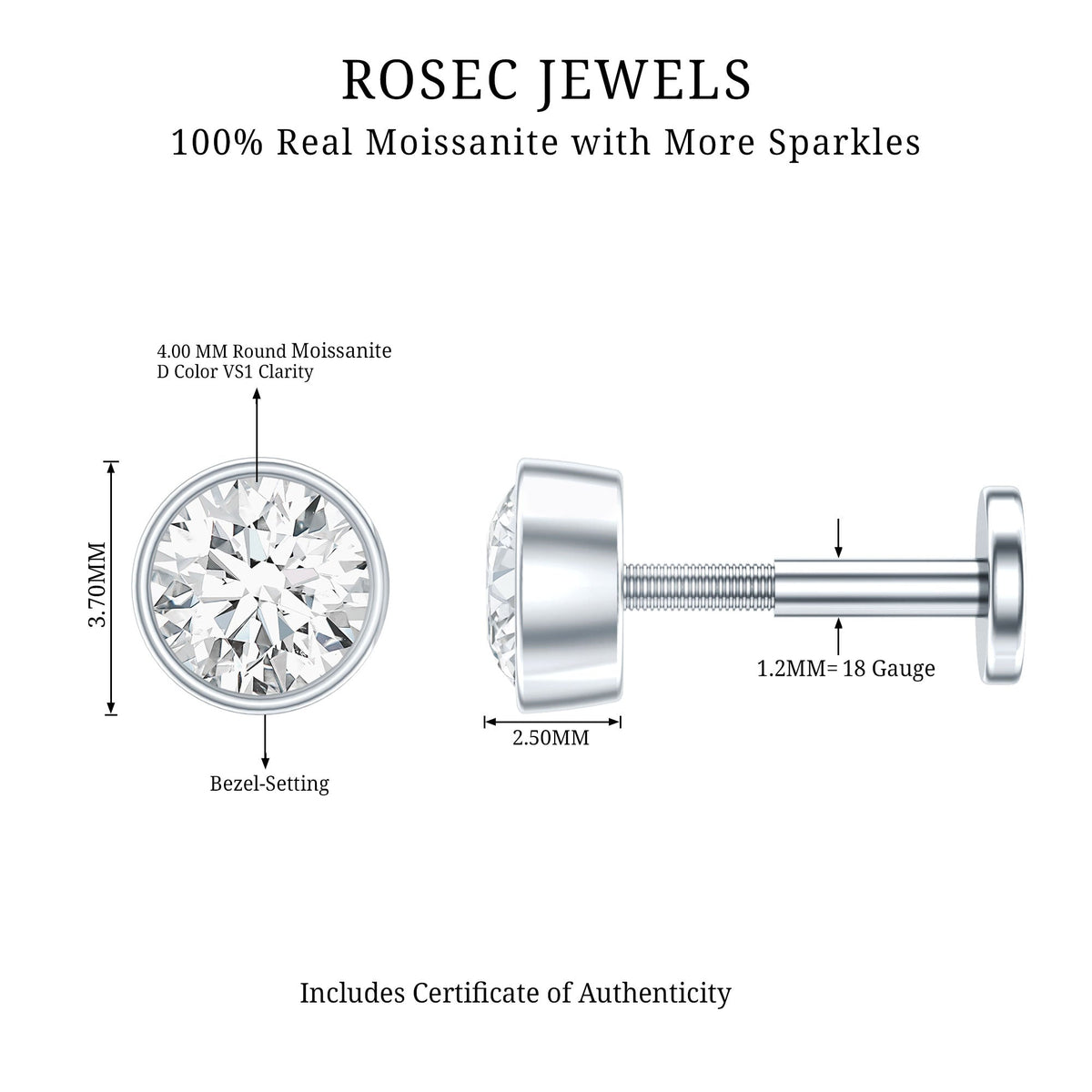 Bezel Set Round Moissanite Earring for Tragus Piercing