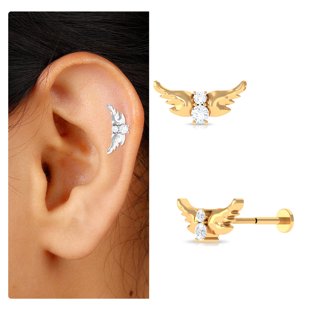 Round Moissanite Bat Earring for Cartilage Piercing