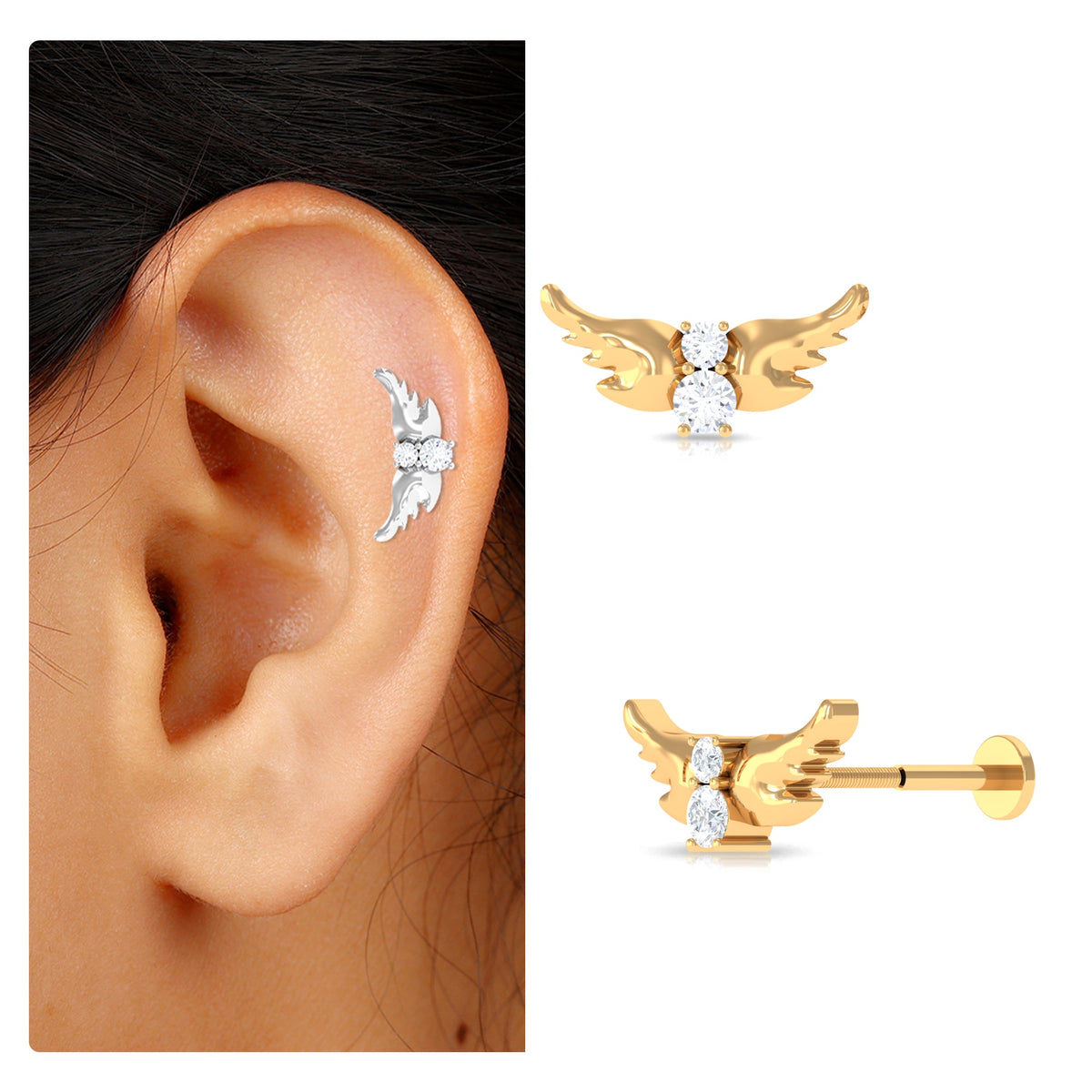 Round Moissanite Bat Earring for Cartilage Piercing