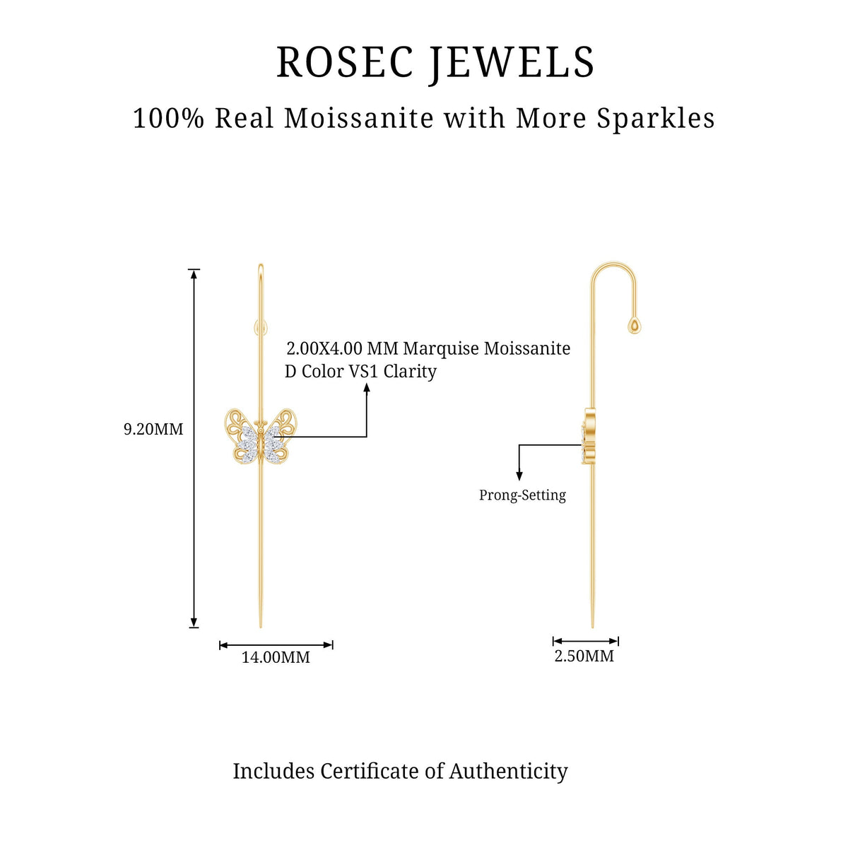 Elegant Certified Moissanite Butterfly Ear Pin Earring