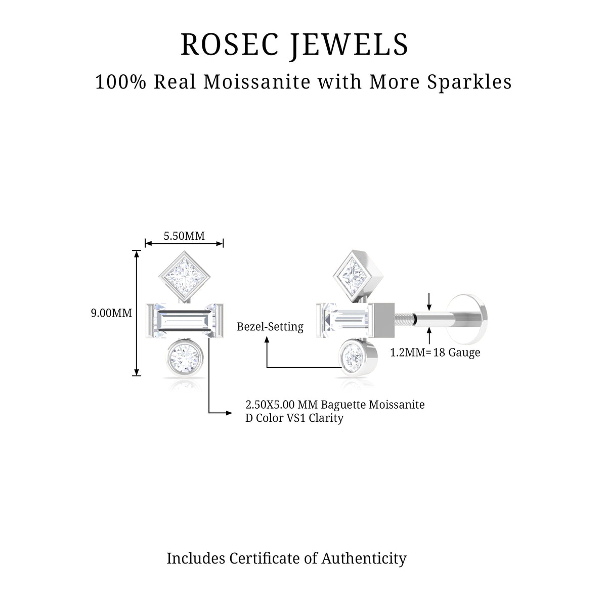 Certified Moissanite Three Stone Earring for Tragus Piercing