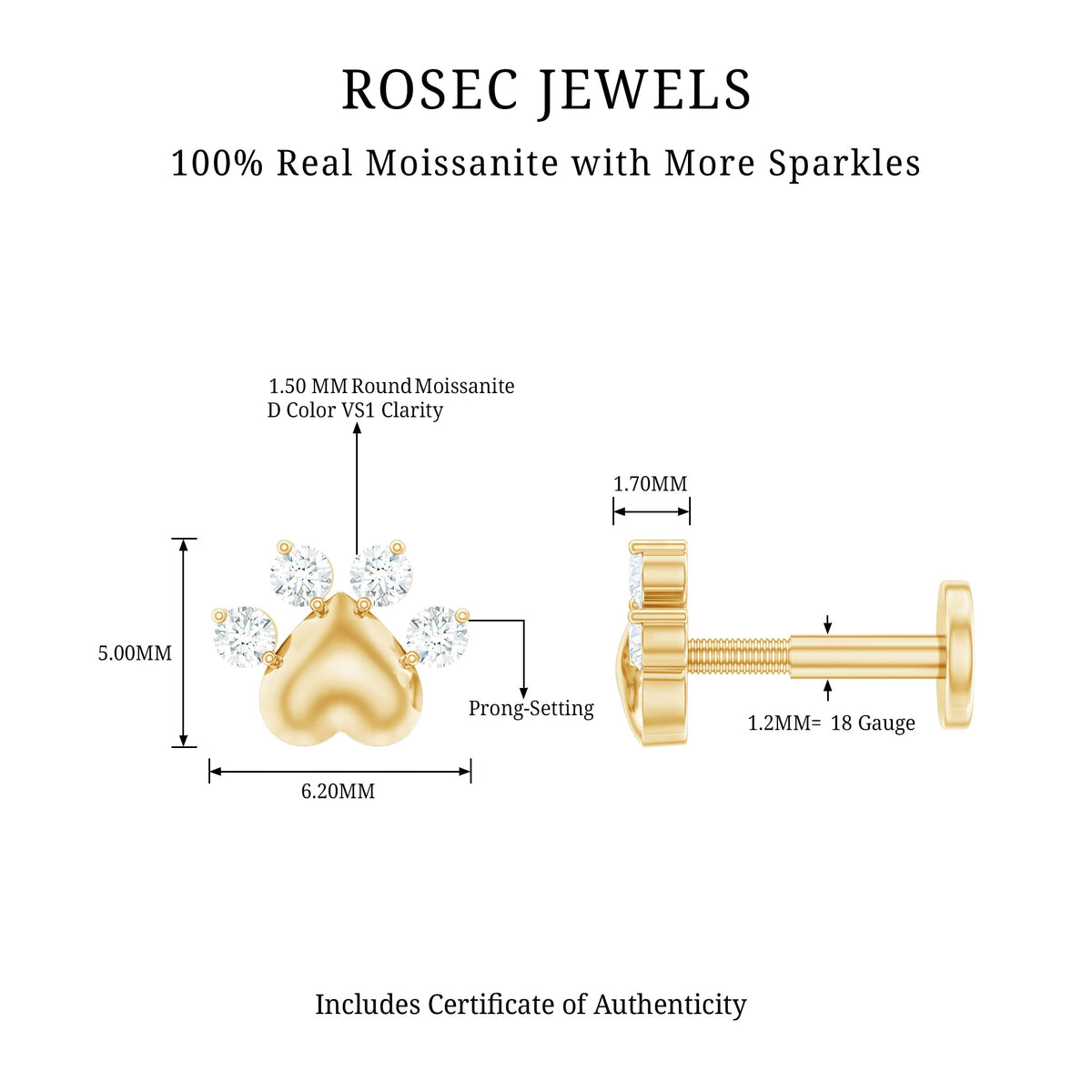 Round Moissanite Heart Paw Earring for Helix Piercing