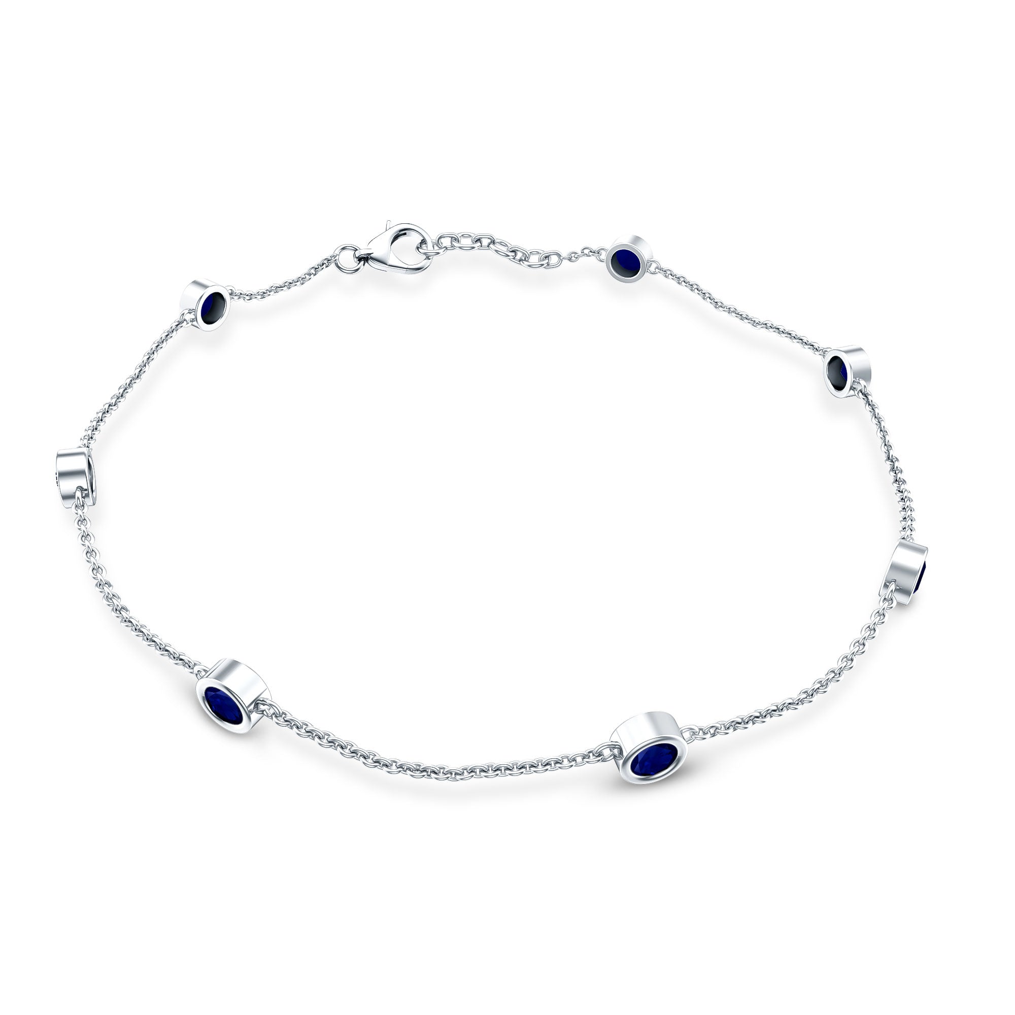 Natural Blue Sapphire 7 Stone Station Chain Bracelet