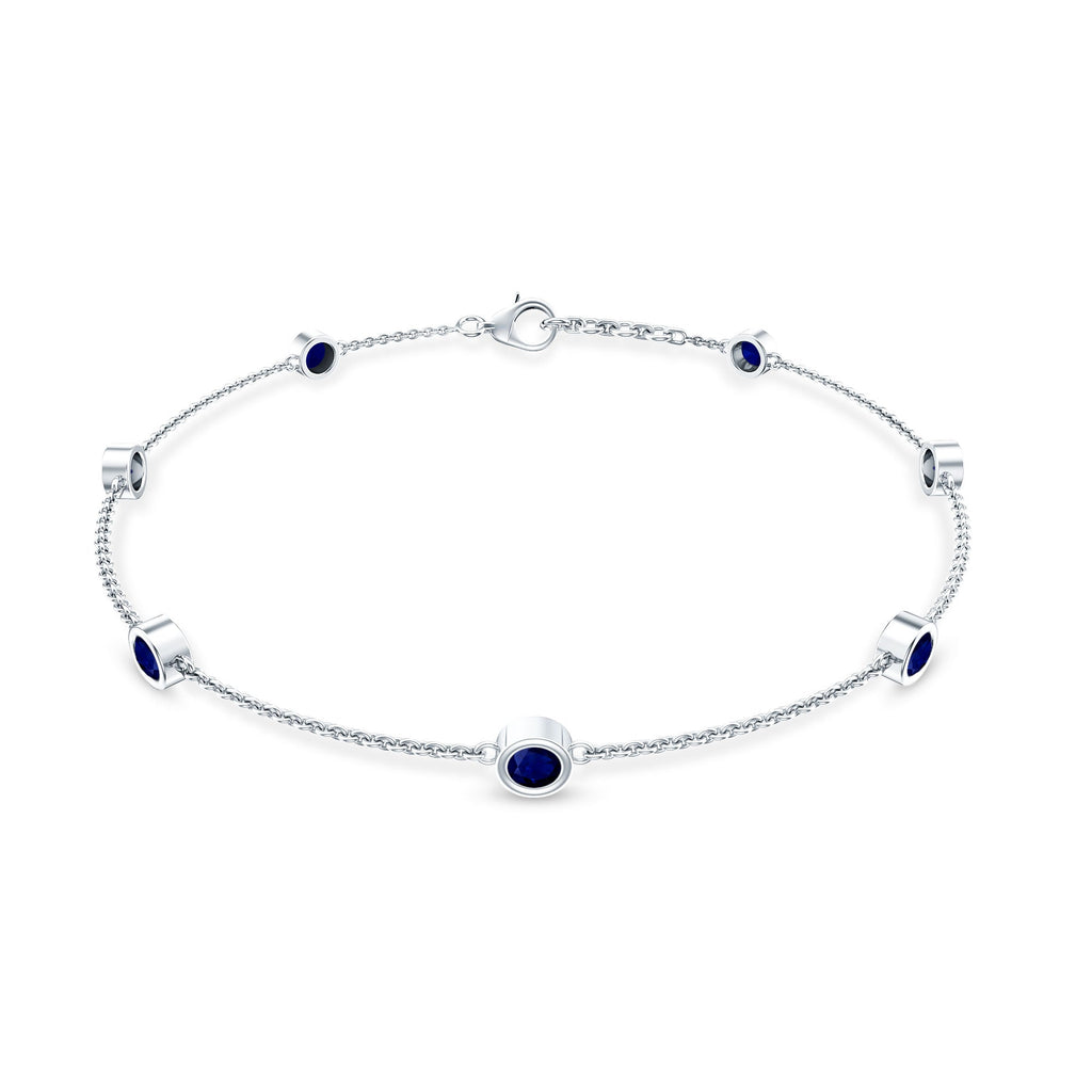 Natural Blue Sapphire 7 Stone Station Chain Bracelet
