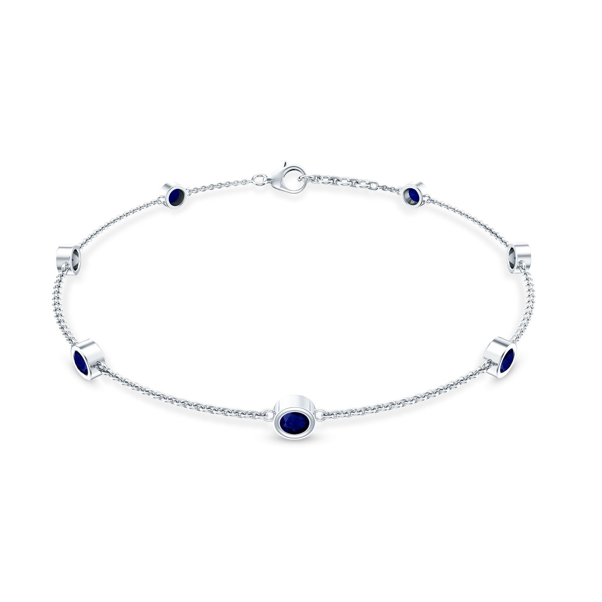 Natural Blue Sapphire 7 Stone Station Chain Bracelet