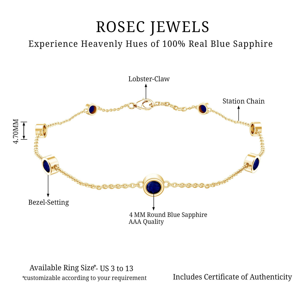 Natural Blue Sapphire 7 Stone Station Chain Bracelet