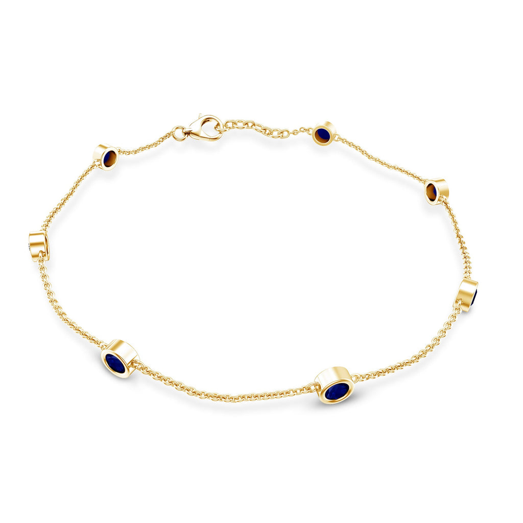 Natural Blue Sapphire 7 Stone Station Chain Bracelet