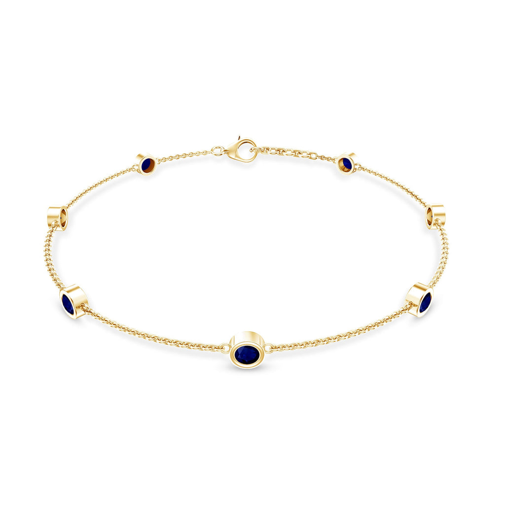 Natural Blue Sapphire 7 Stone Station Chain Bracelet