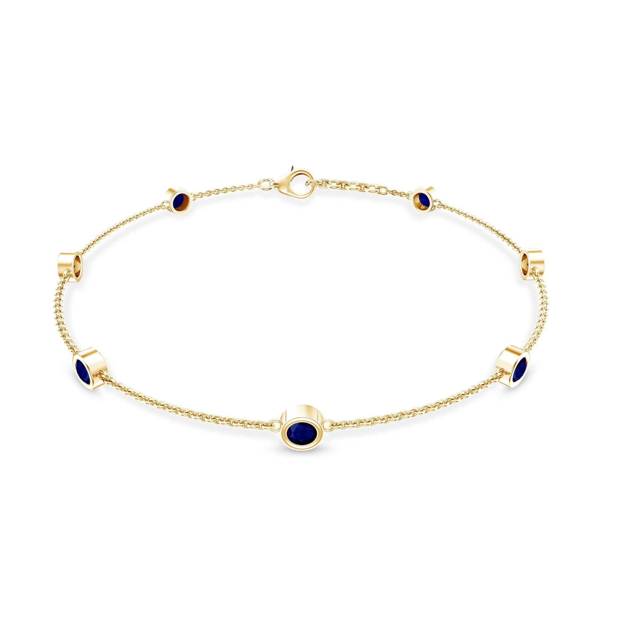 Natural Blue Sapphire 7 Stone Station Chain Bracelet