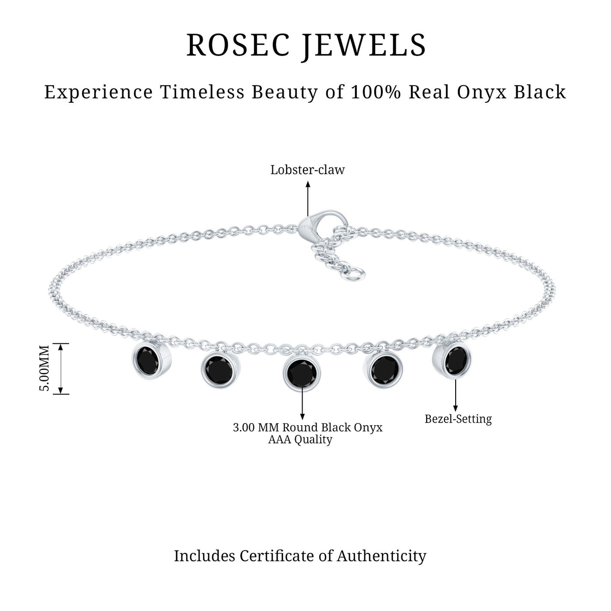 Certified Five Stone Black Onyx Charm Bracelet for Women