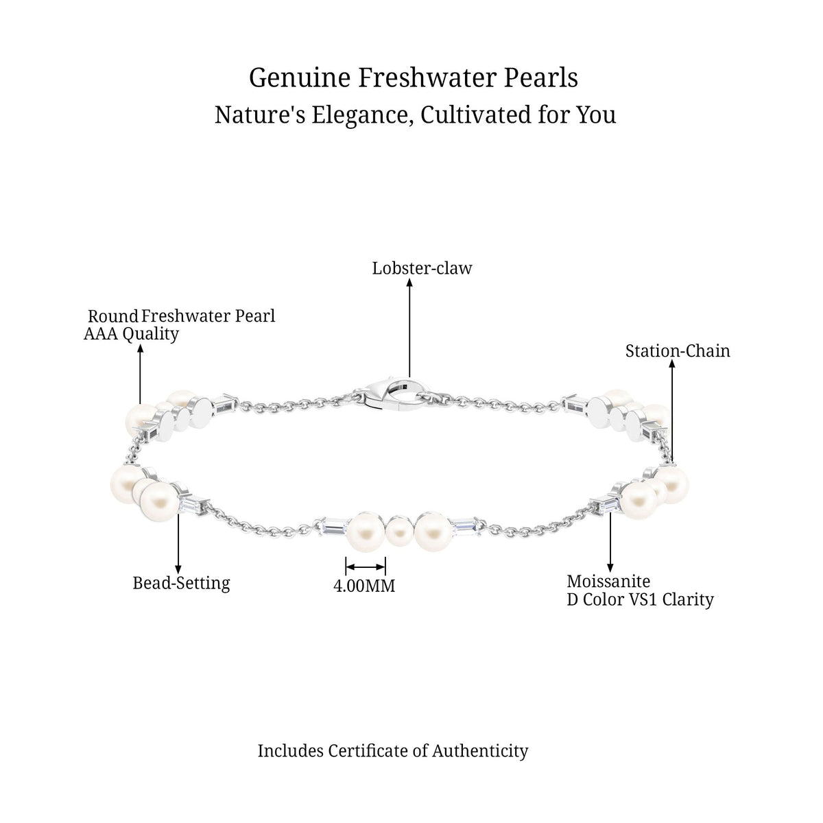 Certified Freshwater Pearl Station Bracelet with Moissanite