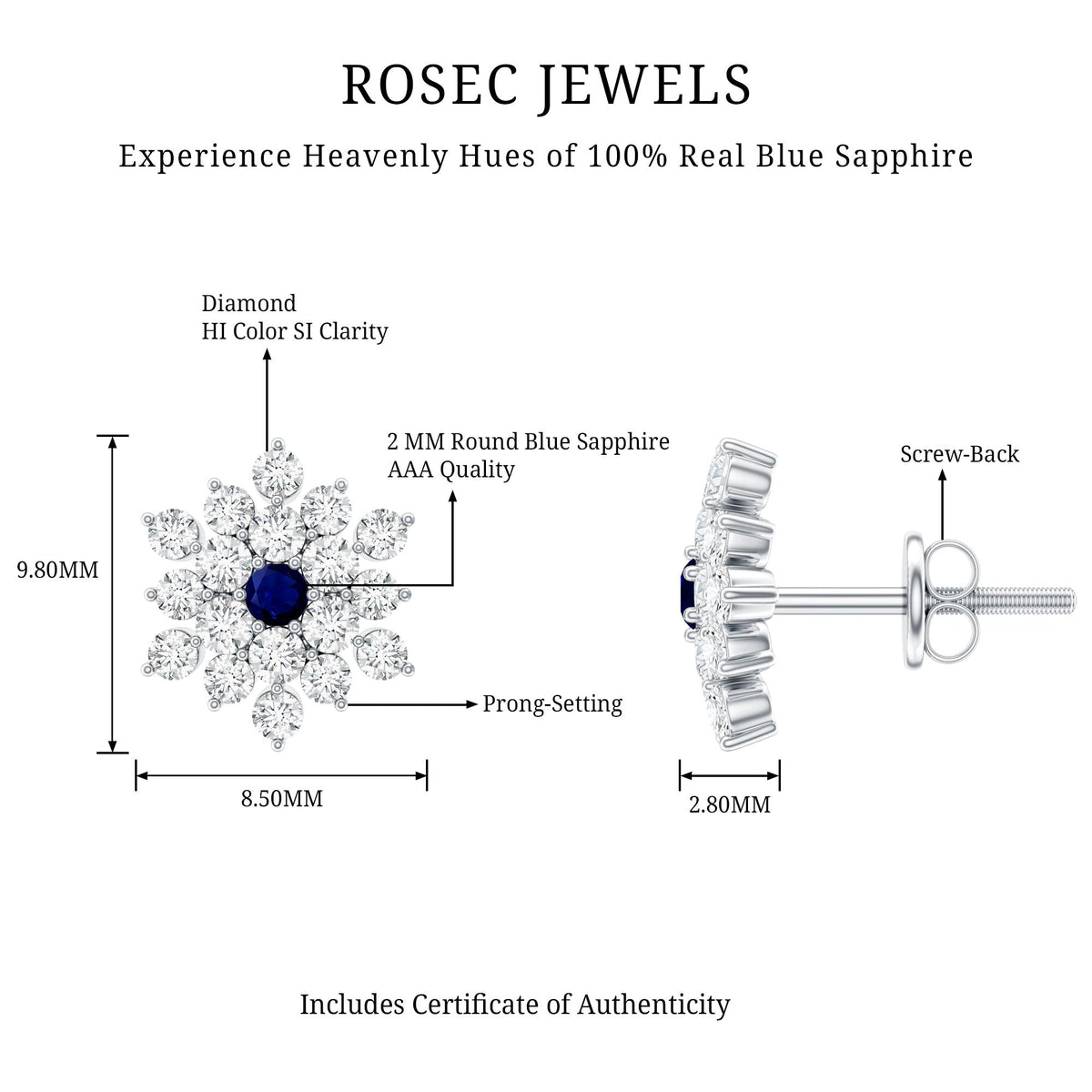 Real Blue Sapphire and Diamond Floral Cluster Stud Earrings