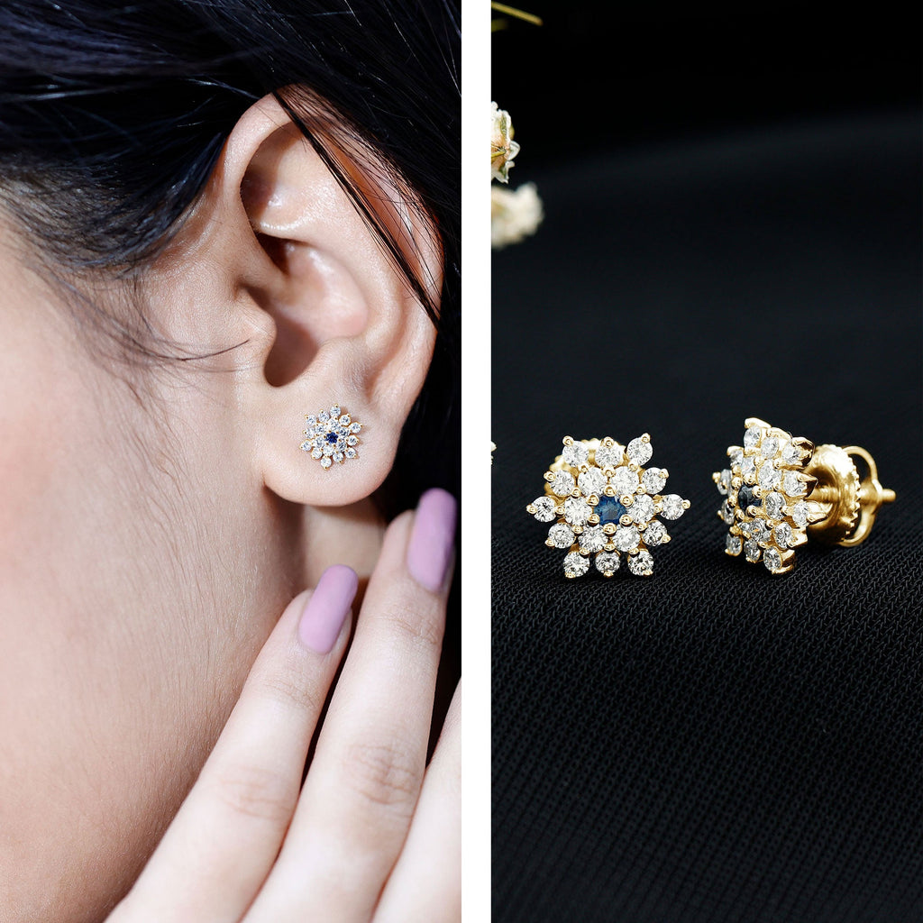 Real Blue Sapphire and Diamond Floral Cluster Stud Earrings