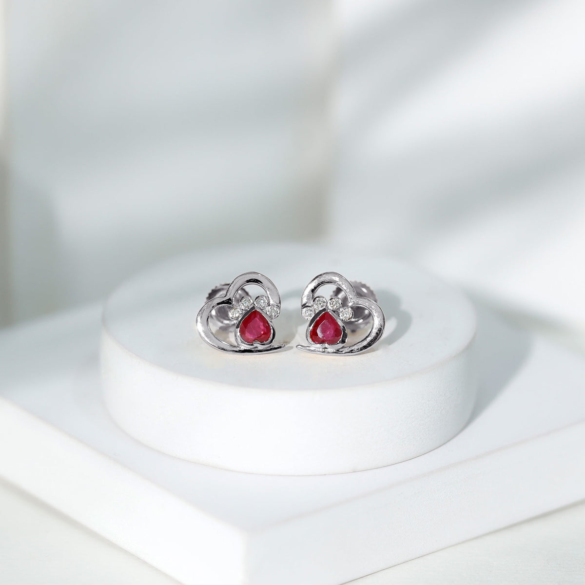 Cute Heart Paw Stud Earrings with Ruby and Diamond