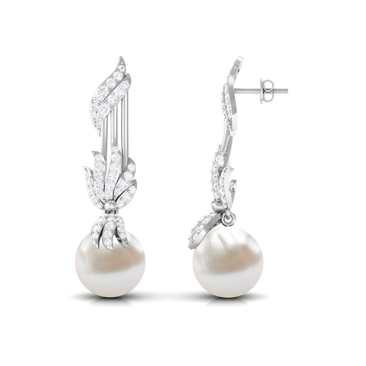 Designer Freshwater Pearl Bridal Dangle Earrings with Diamond