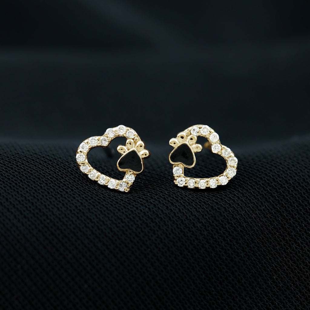 Moissanite Heart and Paw Stud Earrings with Enamel