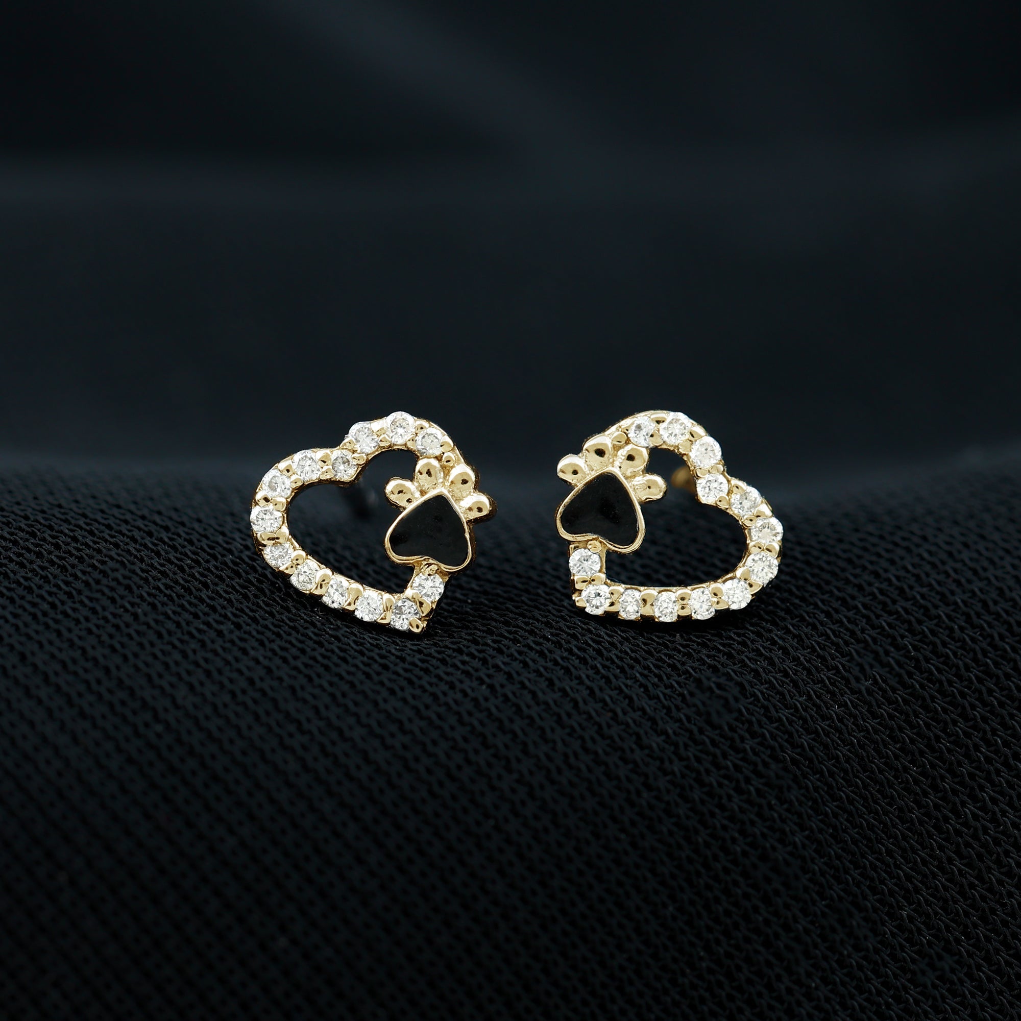 Moissanite Heart and Paw Stud Earrings with Enamel