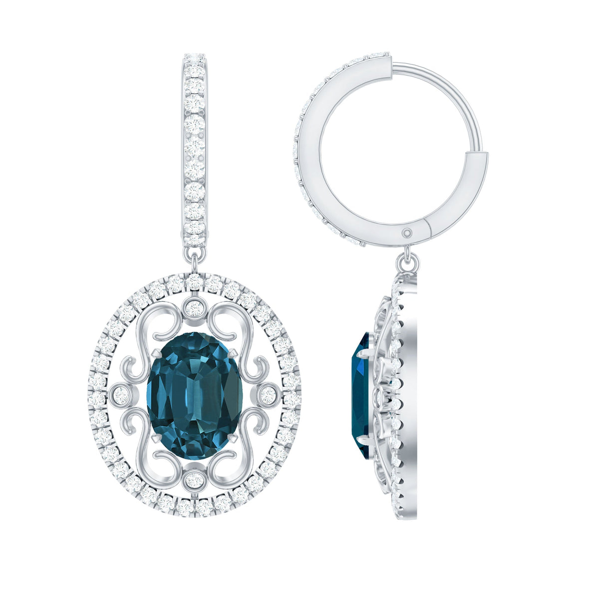 Vintage Inspired London Blue Topaz and Diamond Wedding Drop Earrings