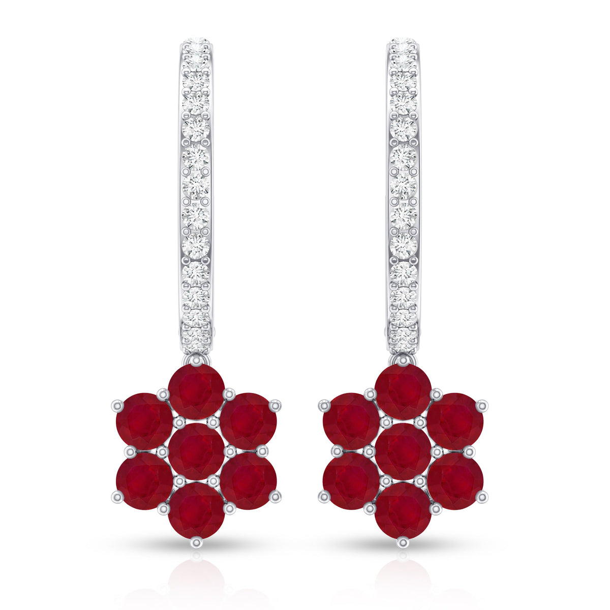 Certified Ruby Flower Drop Earrings with Diamond Hoop