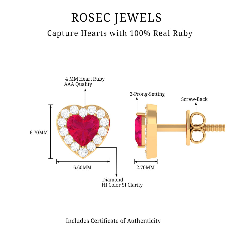 Heart Shape Ruby Stud Earrings with Diamond Halo