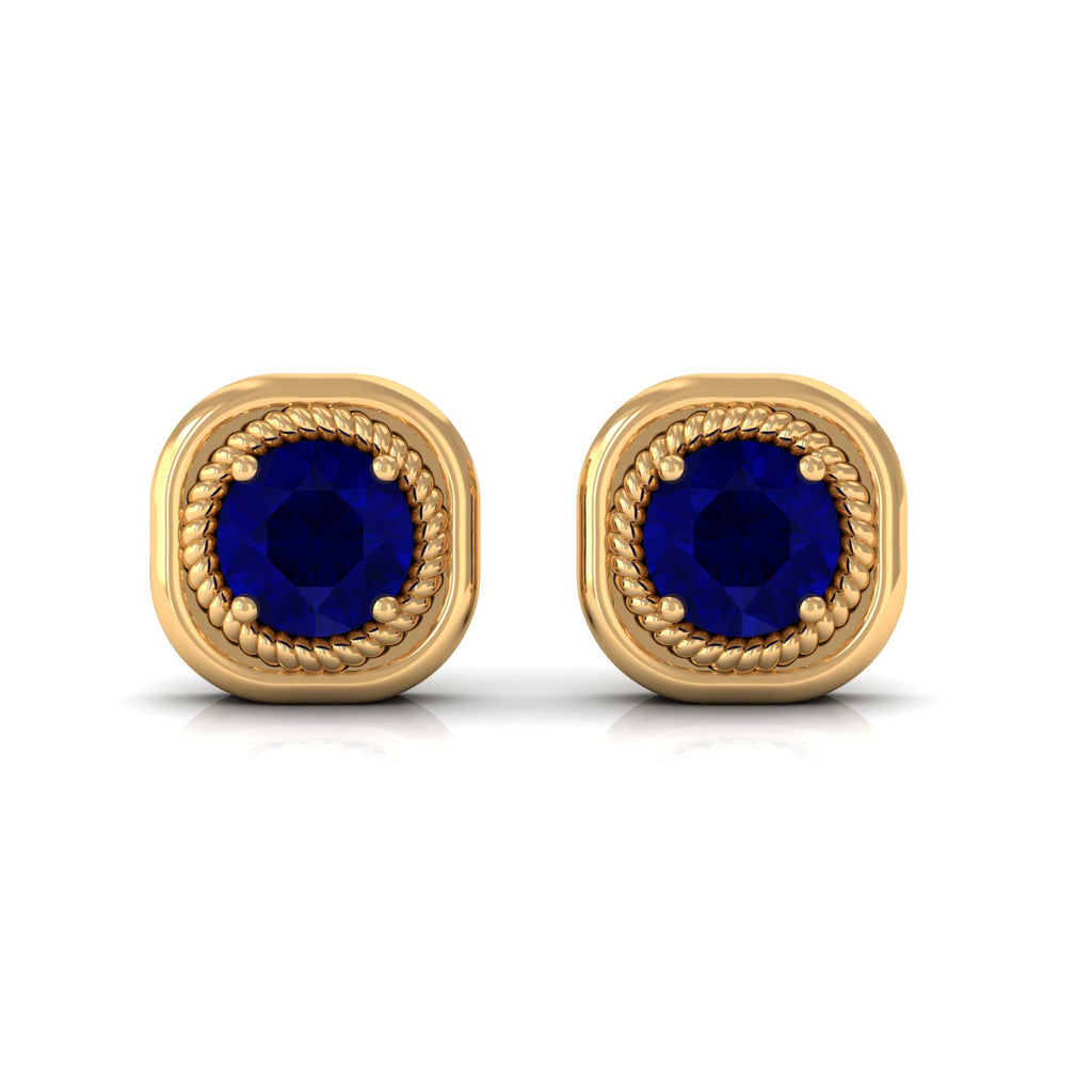 Blue Sapphire Solitaire Stud Earrings with Rope Frame Embellishment