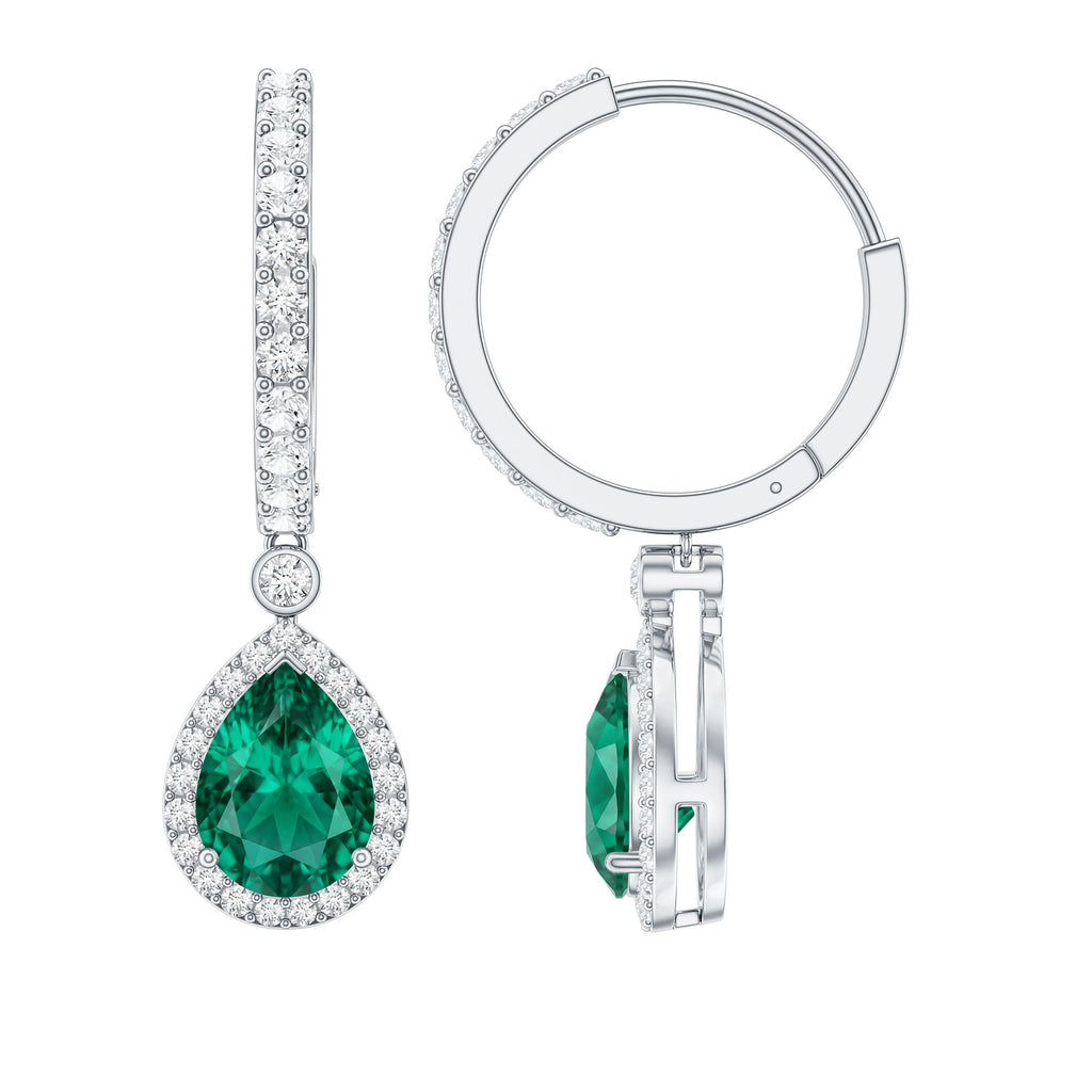 Lab Grown Emerald Hoop Drop Earrings With Moissanite Halo