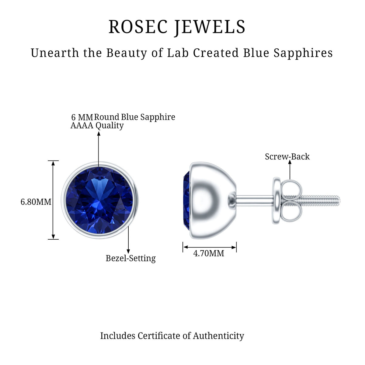 2 Carat Round Lab Created Blue Sapphire Stud Earrings in Bezel Setting