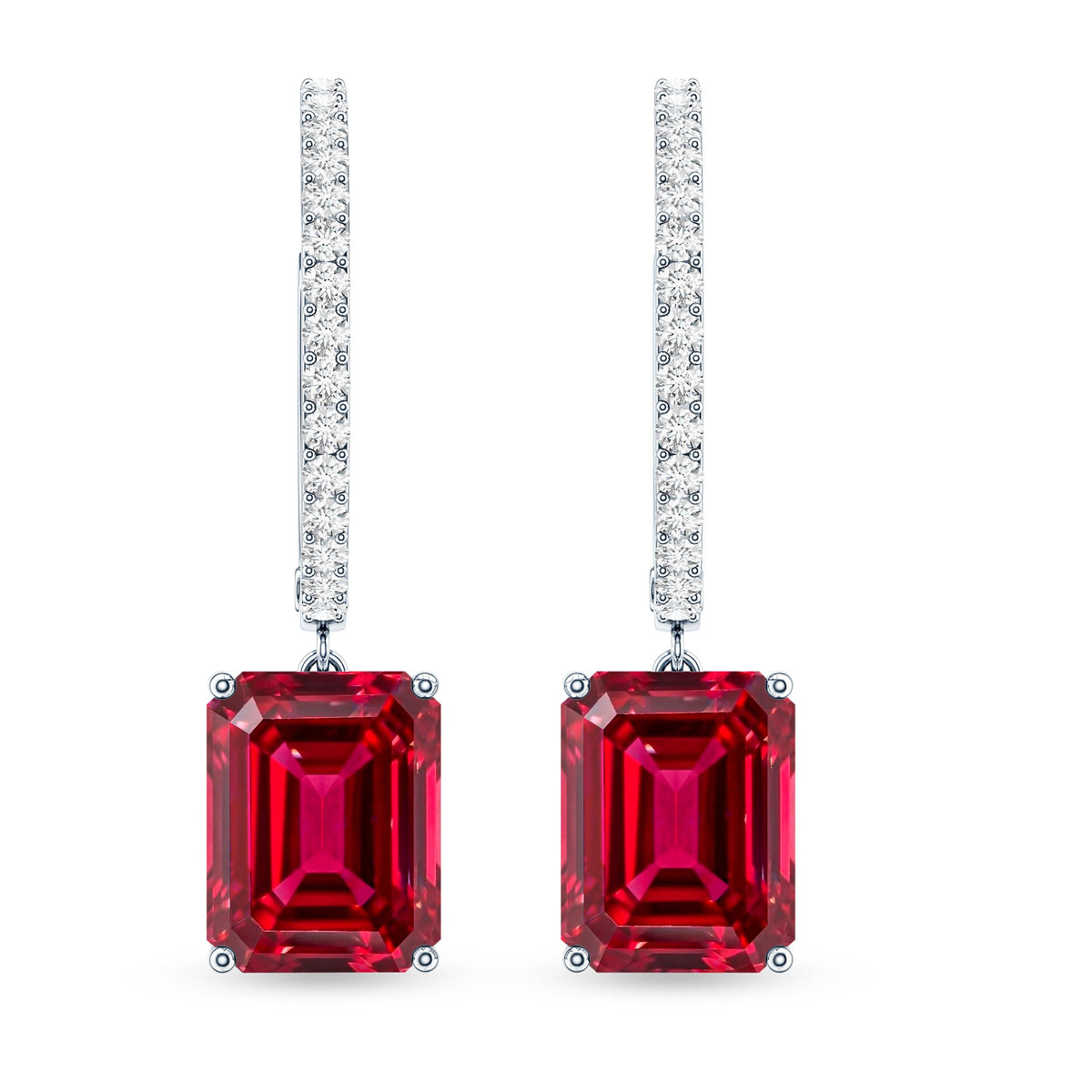 Emerald Cut Lab Created Ruby and Diamond Hoop Drop Earrings