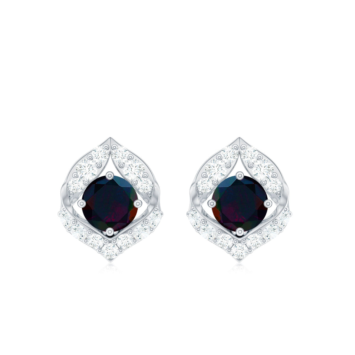 Natural Black Opal Diamond Leaf Earrings with Screw Back