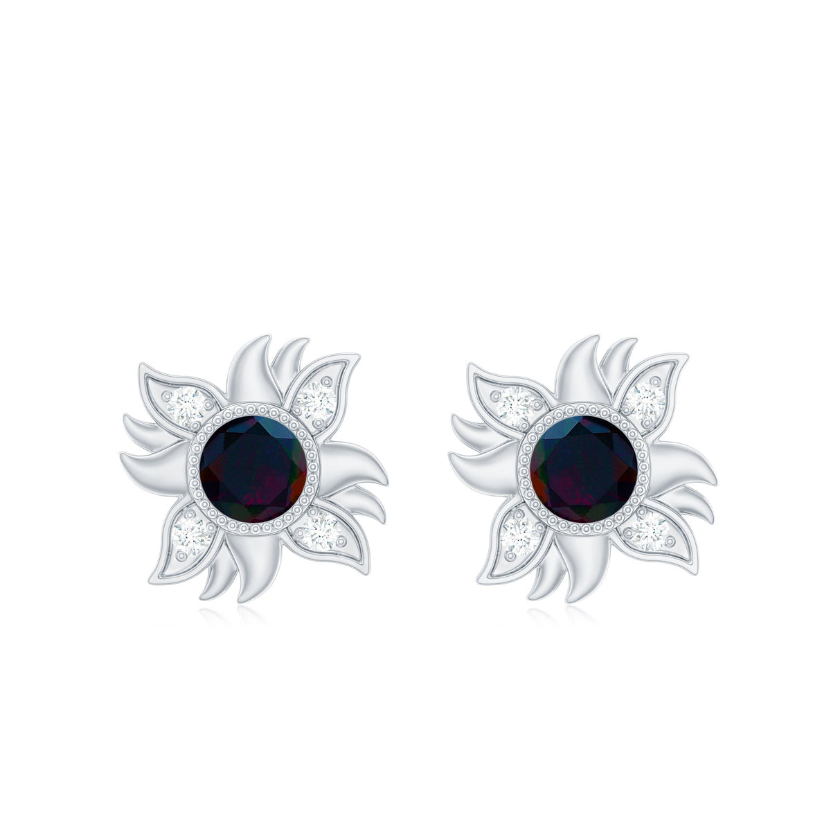 Genuine Black Opal Sunburst Stud Earrings with Diamond