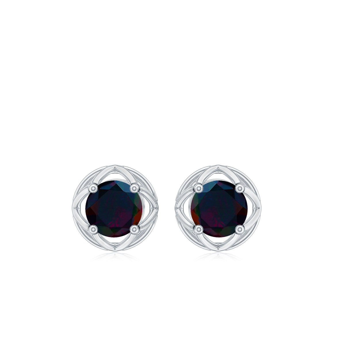 0.9 Carat Round Shape Black Opal Solitaire Floral Stud Earrings