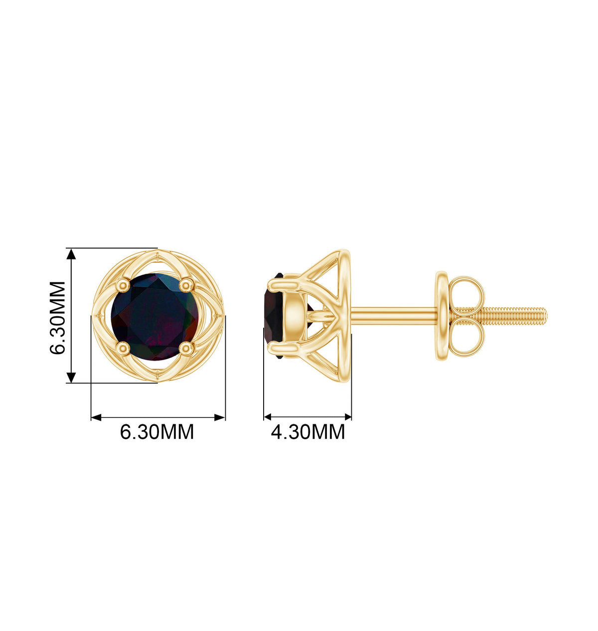 0.9 Carat Round Shape Black Opal Solitaire Floral Stud Earrings