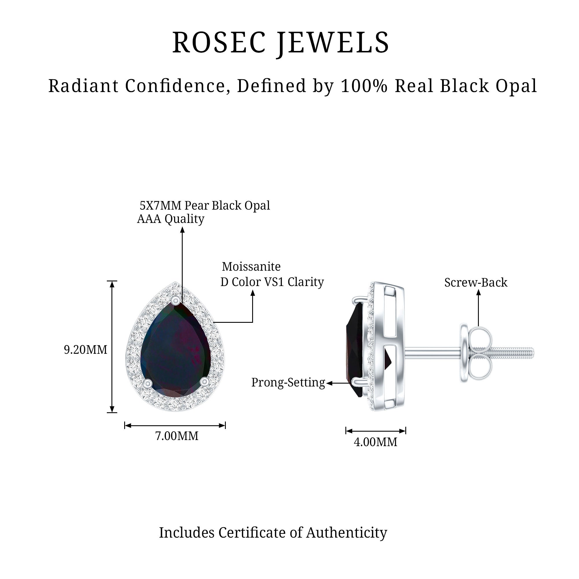 Classic Pear Cut Black Opal and Moissanite Halo Stud Earrings