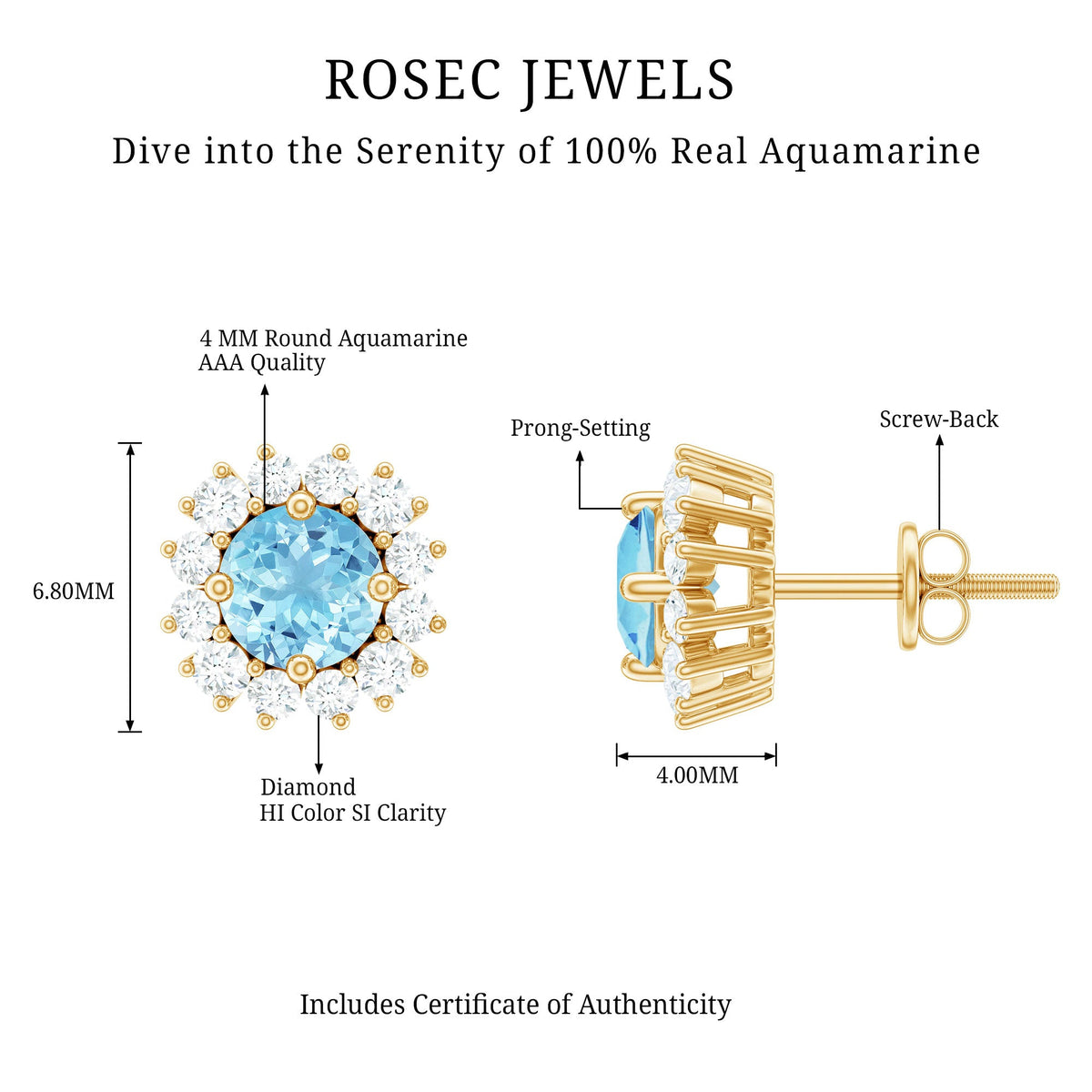 Genuine Aquamarine and Diamond Halo Stud Earrings