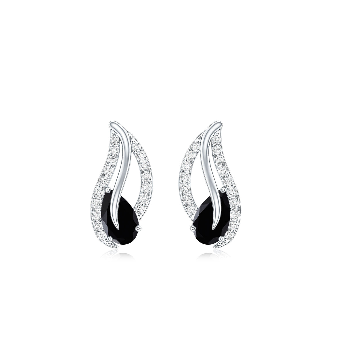 Pear Shape Black Spinel and Diamond Leaf Stud Earrings
