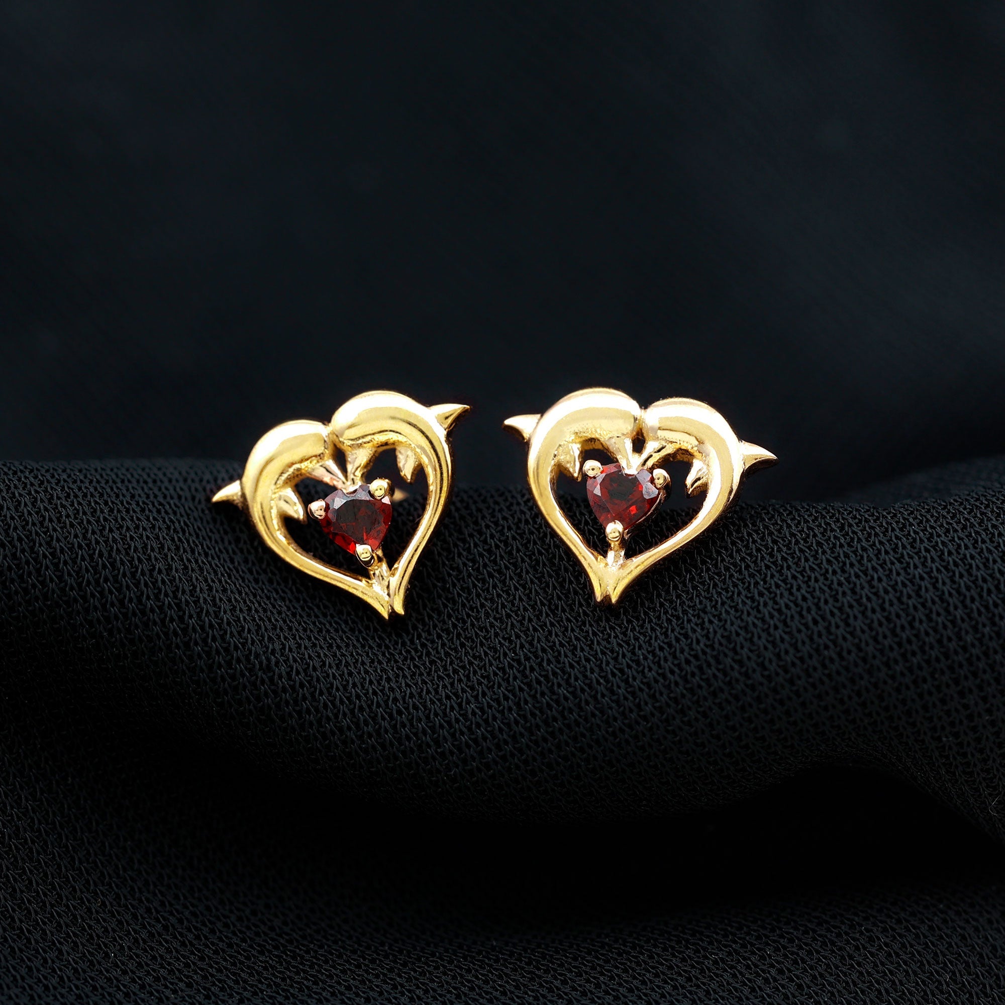 Heart Shape Garnet Kissing Dolphin Stud Earrings