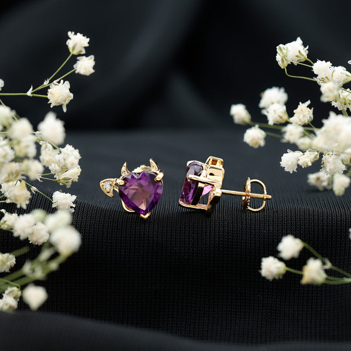 Heart Shape Amethyst and Diamond Gothic Stud Earrings