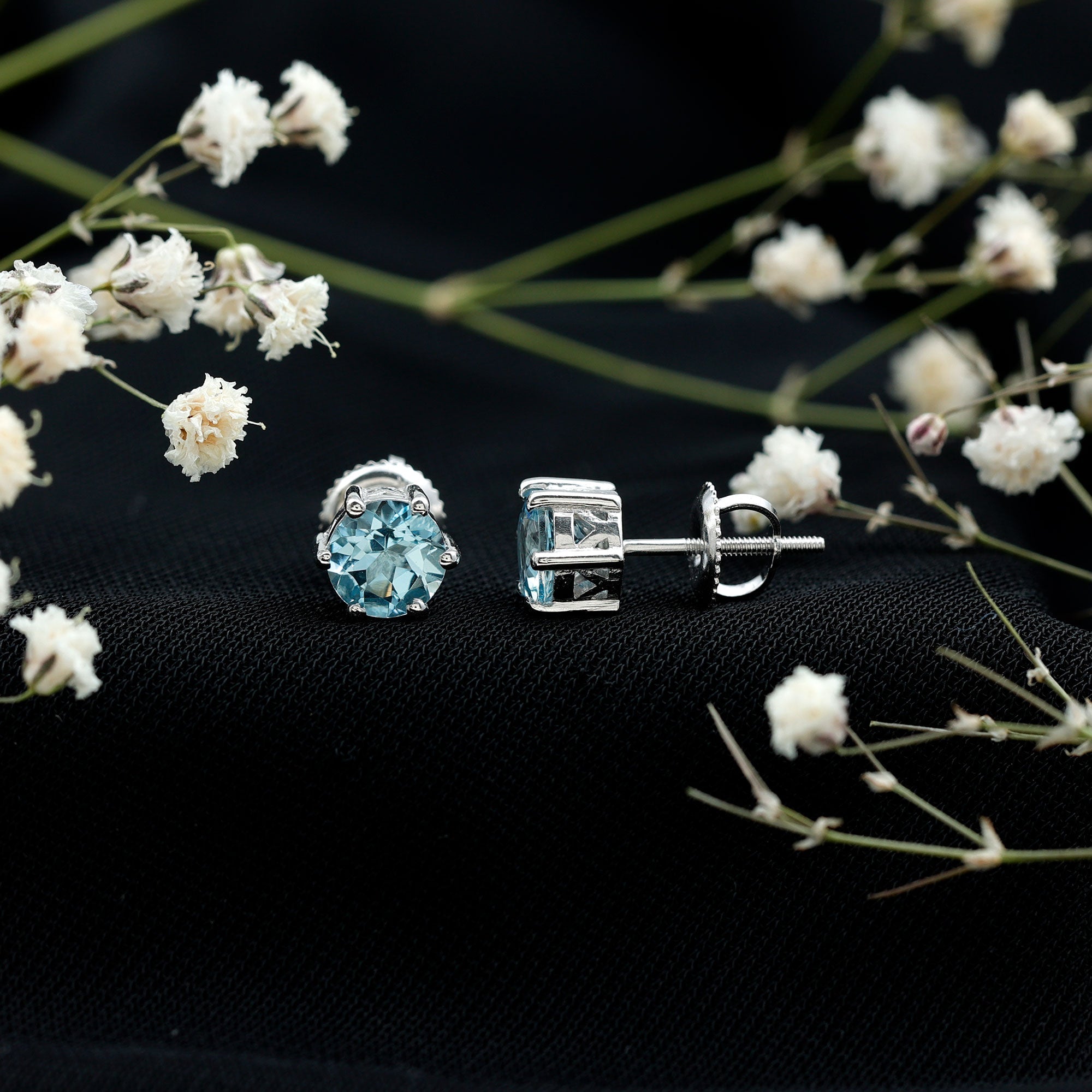 1.6 Carat Round Aquamarine Solitaire Stud Earrings