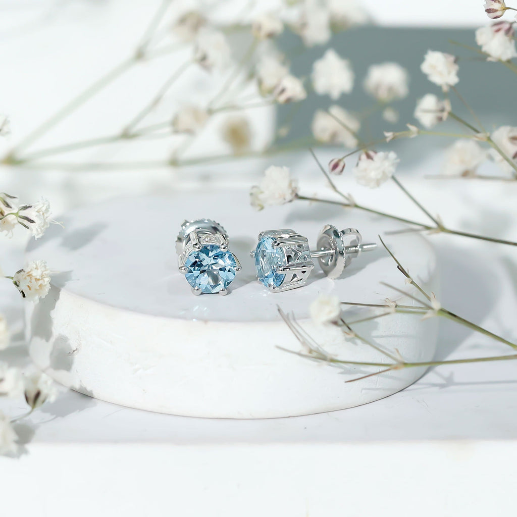 1.6 Carat Round Aquamarine Solitaire Stud Earrings