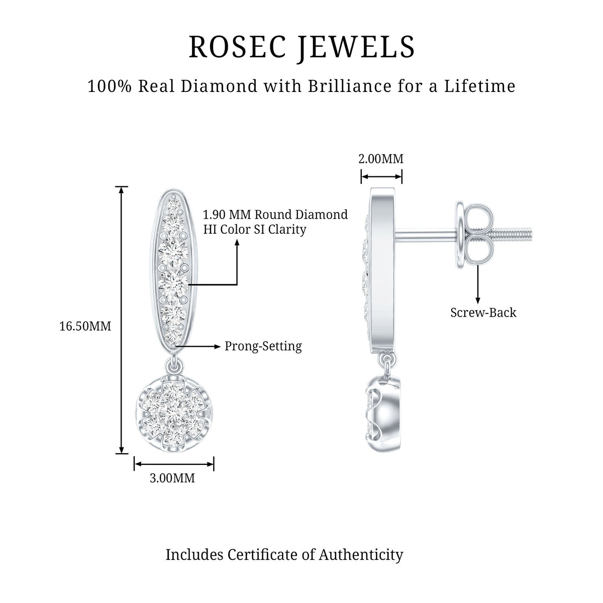 Real Diamond Bar Drop Earrings for Women