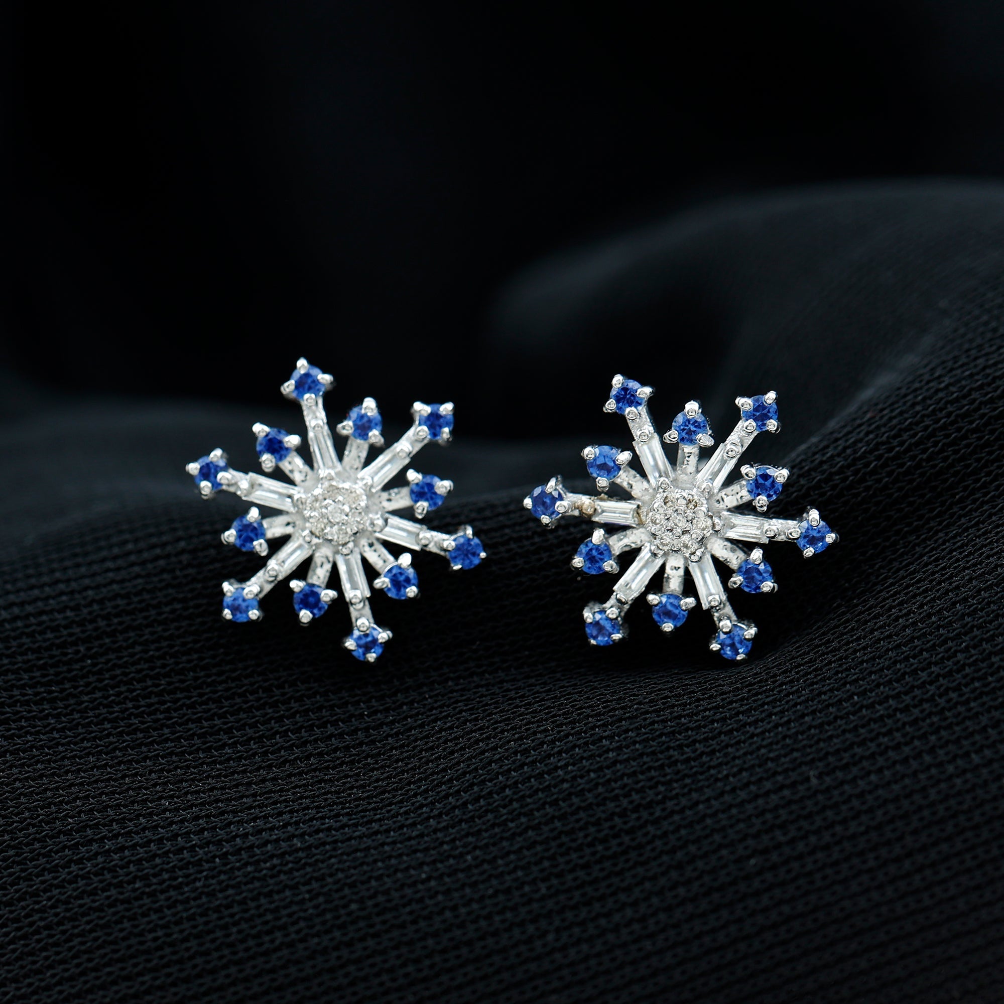 Lab Grown Blue Sapphire and Diamond Snowflake Stud Earrings