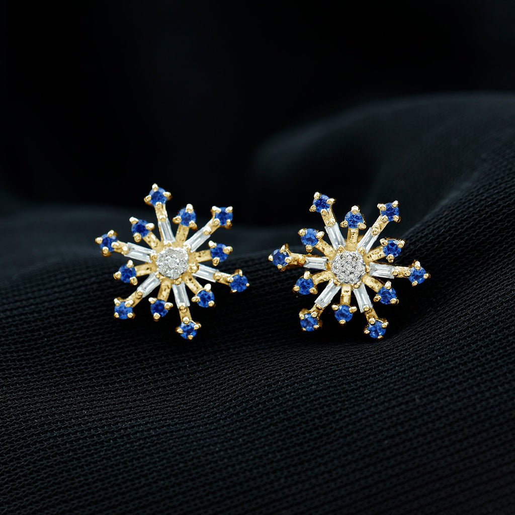 Lab Grown Blue Sapphire and Diamond Snowflake Stud Earrings
