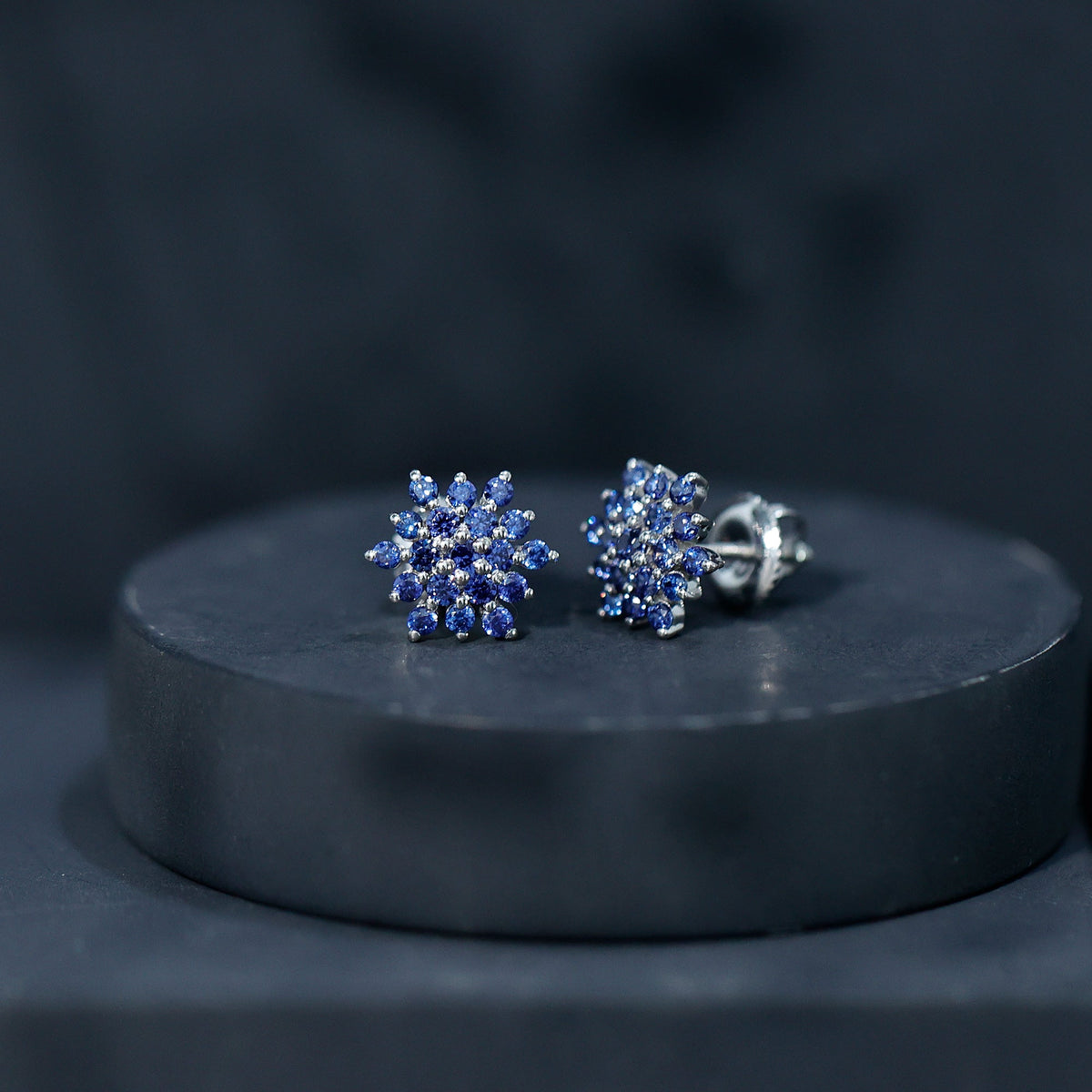 Snowflake Looking Lab Grown Blue Sapphire Cluster Stud Earrings