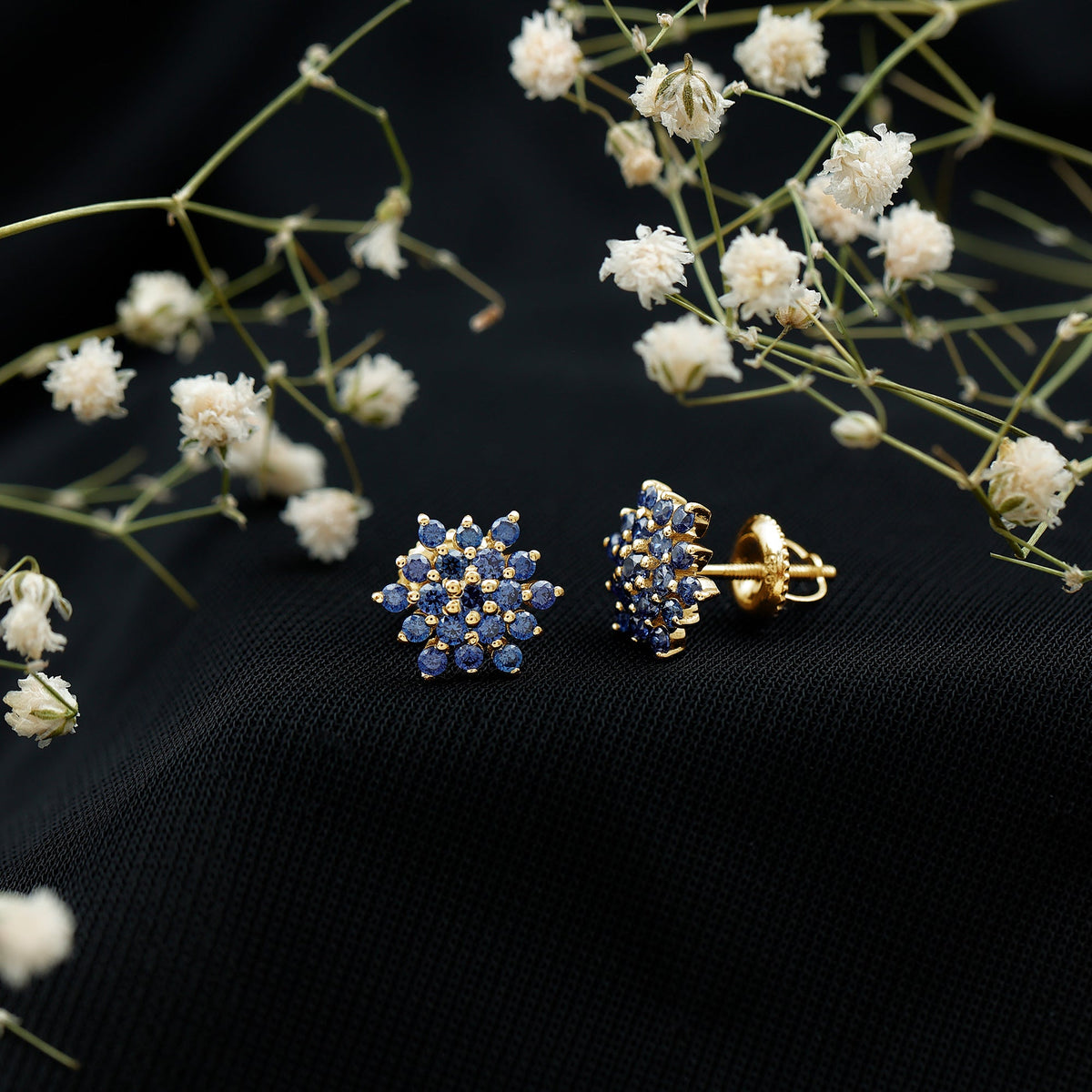 Snowflake Looking Lab Grown Blue Sapphire Cluster Stud Earrings